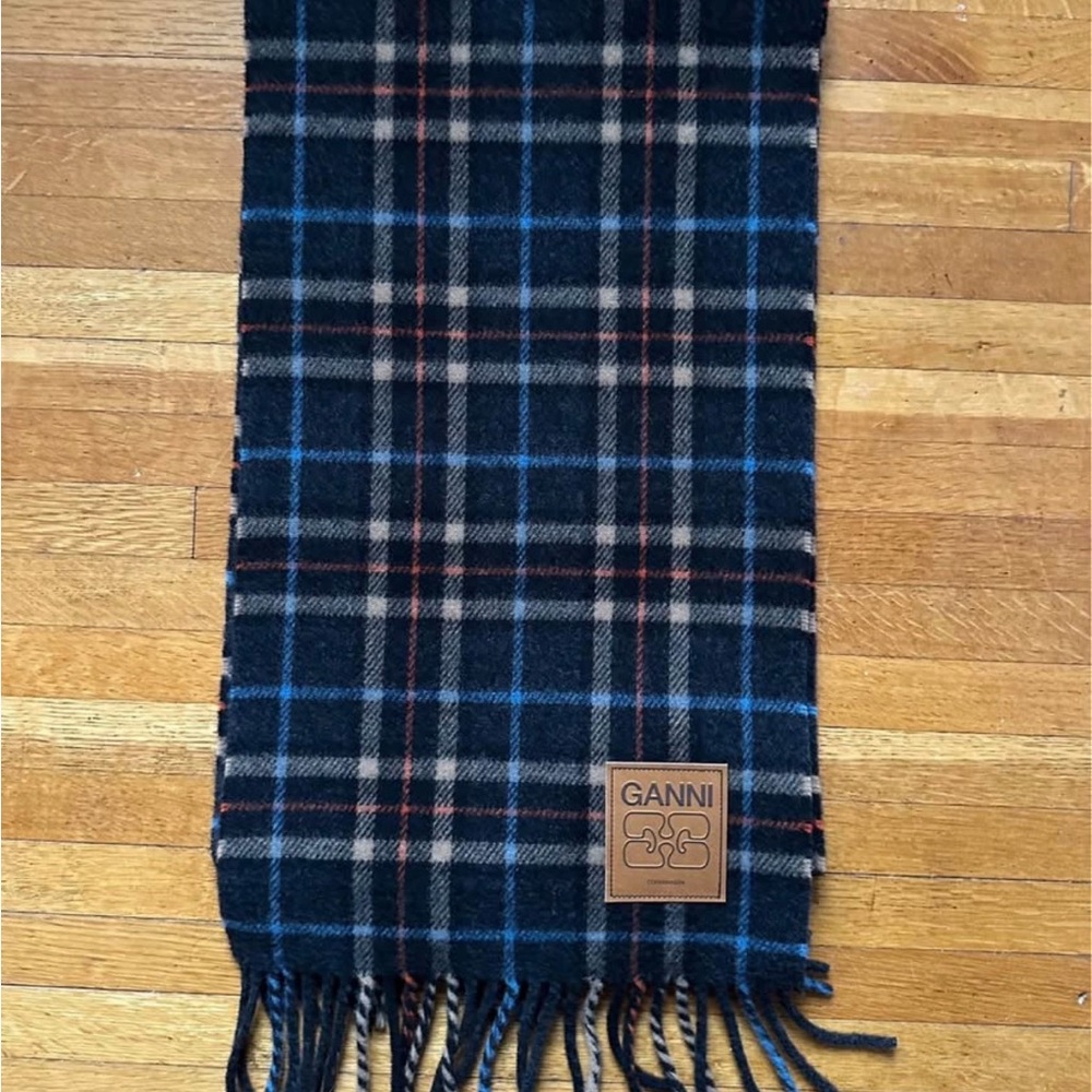 GANNI - Wool Check Charcoal Grey Scarf